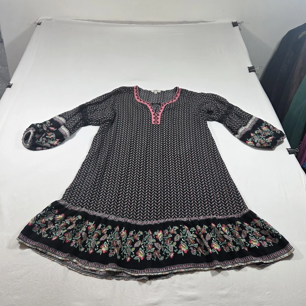 Umgee Boho Black Printed Dress Pink Trim Colorblock V Neck Embroidered Sleeves - Picture 11 of 16
